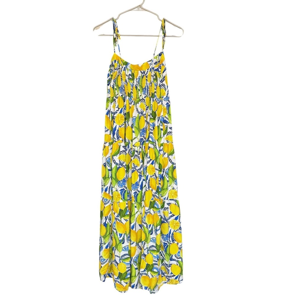 Kenny Flowers Dress Womens Large Lemon Print Smocked Maxi Tropical Sundress - Picture 4 of 9